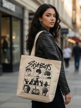 Licensed Saja Boys Canvas Graphic Tote Bag in Natural with Black Print